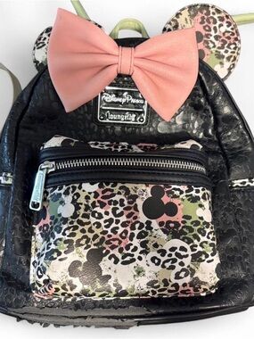 Loungefly Black Mini Backpack with Pink Bow and Multicolor Leopard Mickey Print